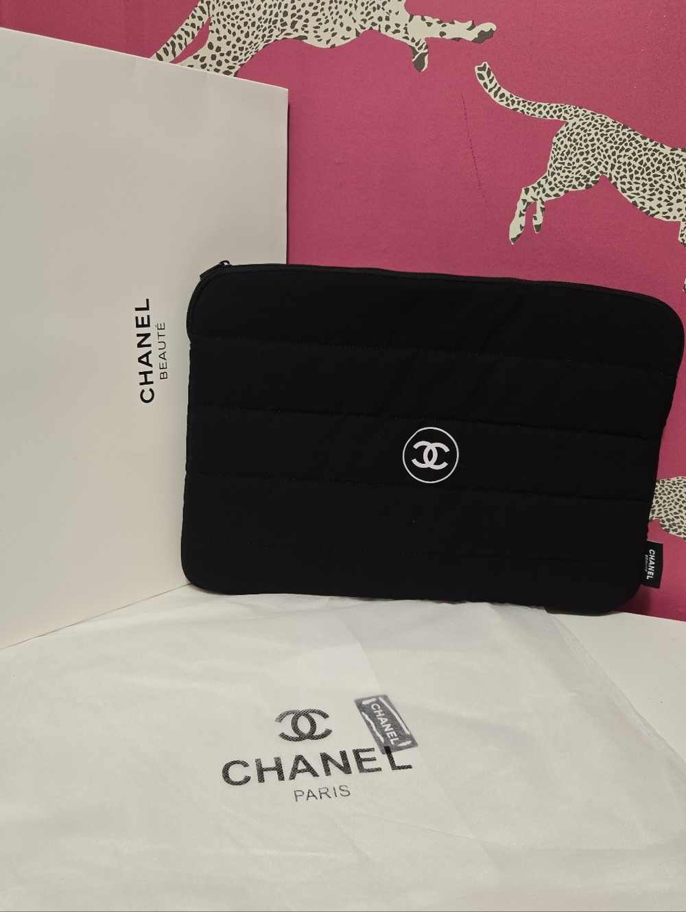NWT Chanel Beaute Quilted Black CC Logo Laptop Case